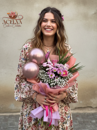 Balonlu Pembe Bahar Mutluluk Buketi 🎈🌸